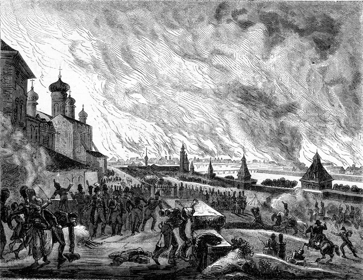 15-16-17 setembro 1812 fogo do Moscou, vintage gravação. foto