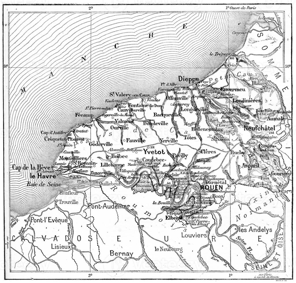 mapa do departamento do a mais baixo sena, França, vintage gravação. foto