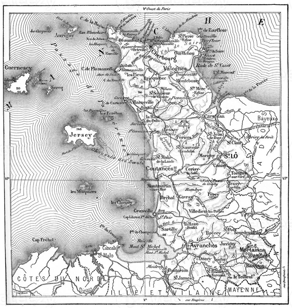 topográfico mapa do manche dentro baixa-normandia, França, vintage gravação foto