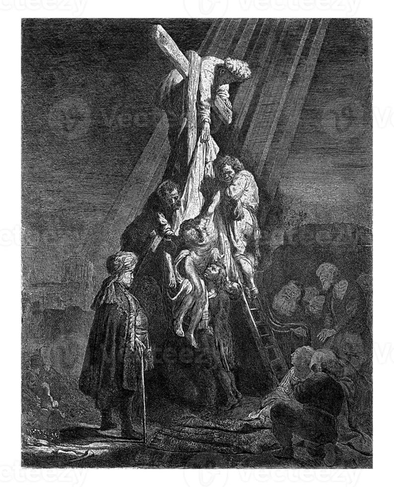 descida a partir de a Cruz segundo placa, rembrandt furgão rijn, 1807 - 1808, vintage ilustração. foto