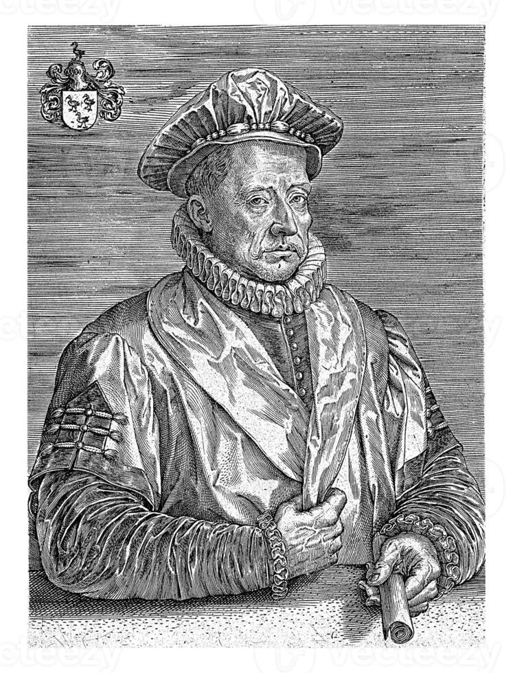 retrato do filipo nutius boa noite, envelhecido 52, johannes wierix, 1579 foto