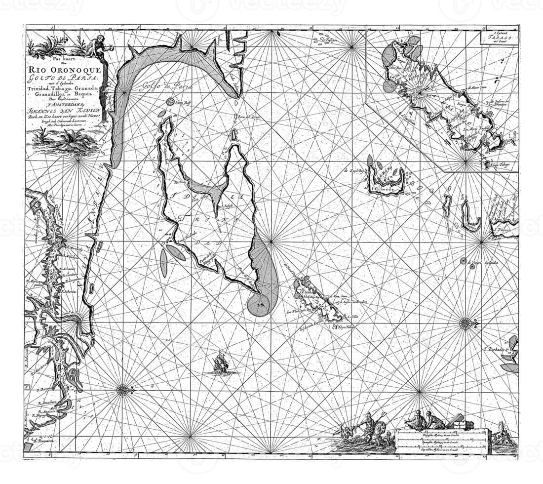 Passaporte mapa do a golfo do paria com a boca do a Orinoco rio, jan luyken foto