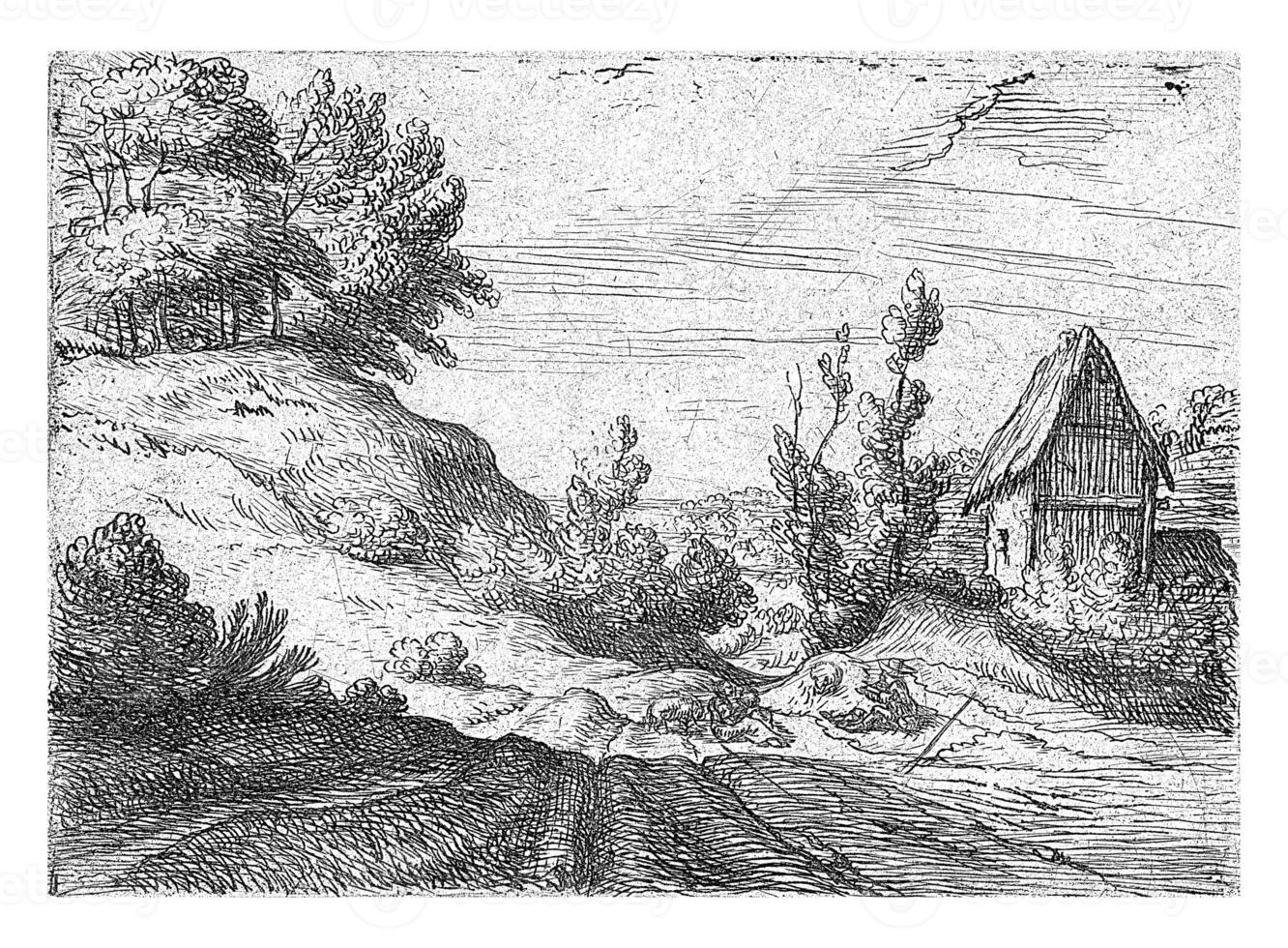 casa Próximo para uma morro cheio com árvores, Lodewijk de Vadder, 1615 - 1655 foto