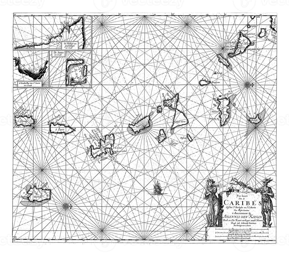 Passaporte mapa do parte do a barlavento ilhas, com barbados, jan luyken foto