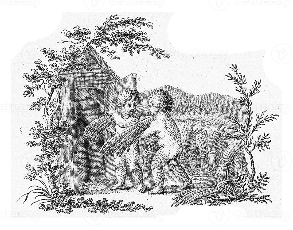 dois putti trazer feixes do milho para uma celeiro, reinier vinkeles eu, 1751 - 1816 foto