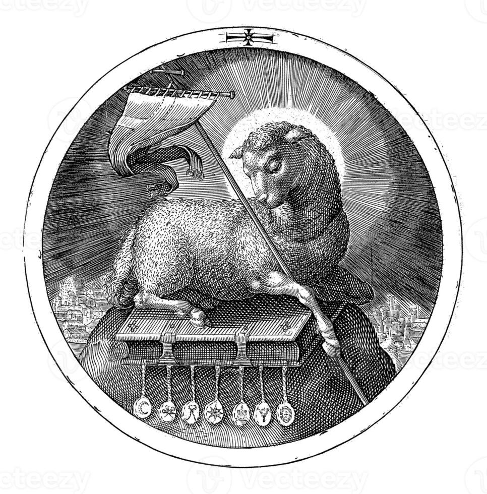 Cordeiro do Deus em a livro com a Sete selos, crispijn furgão de passe eu, 1601 foto