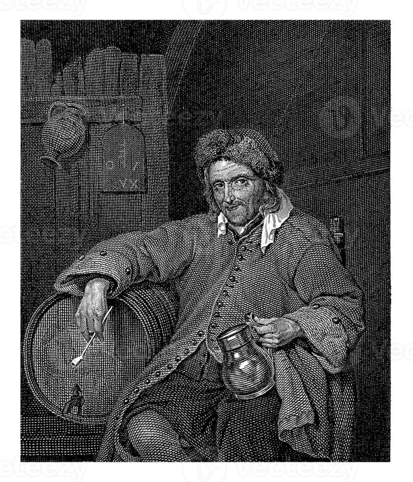homem com jarro e tubo às uma barril, filipo Velijn, depois de Gabriel metsu, 1832 foto
