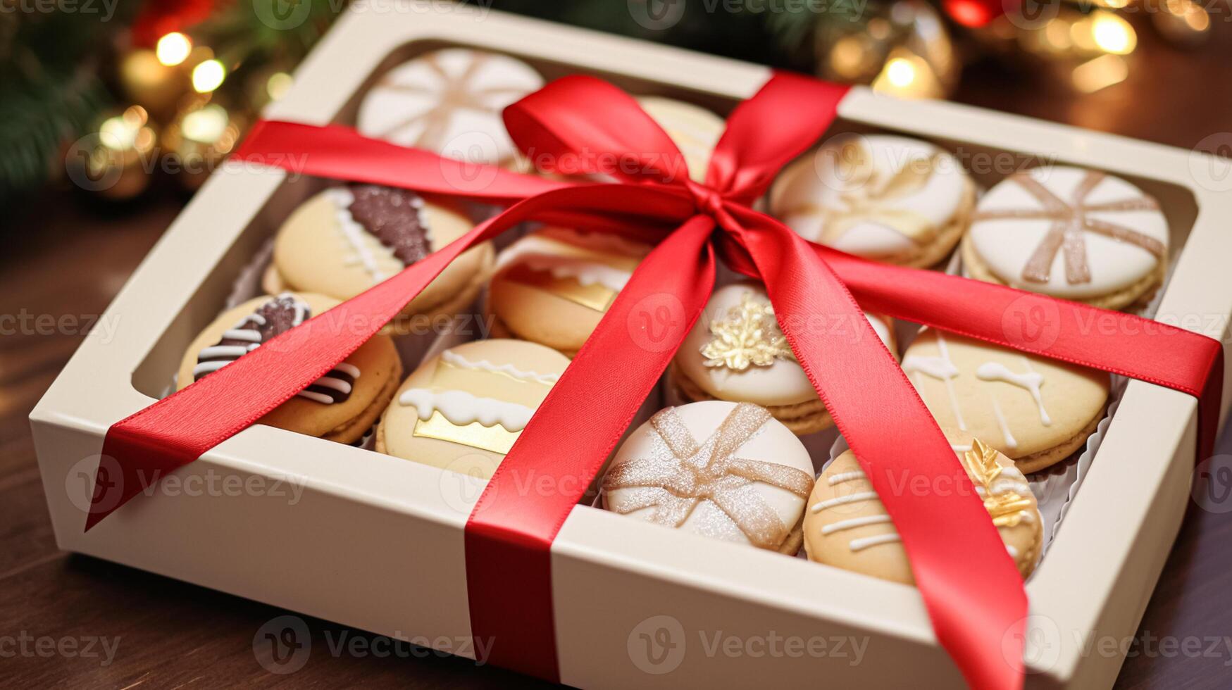 ai gerado Natal biscoitos, feriado bolacha presente caixa e casa assa, inverno feriados presente para Inglês país chá dentro a cabana, caseiro bolo seco friável e cozimento receita foto