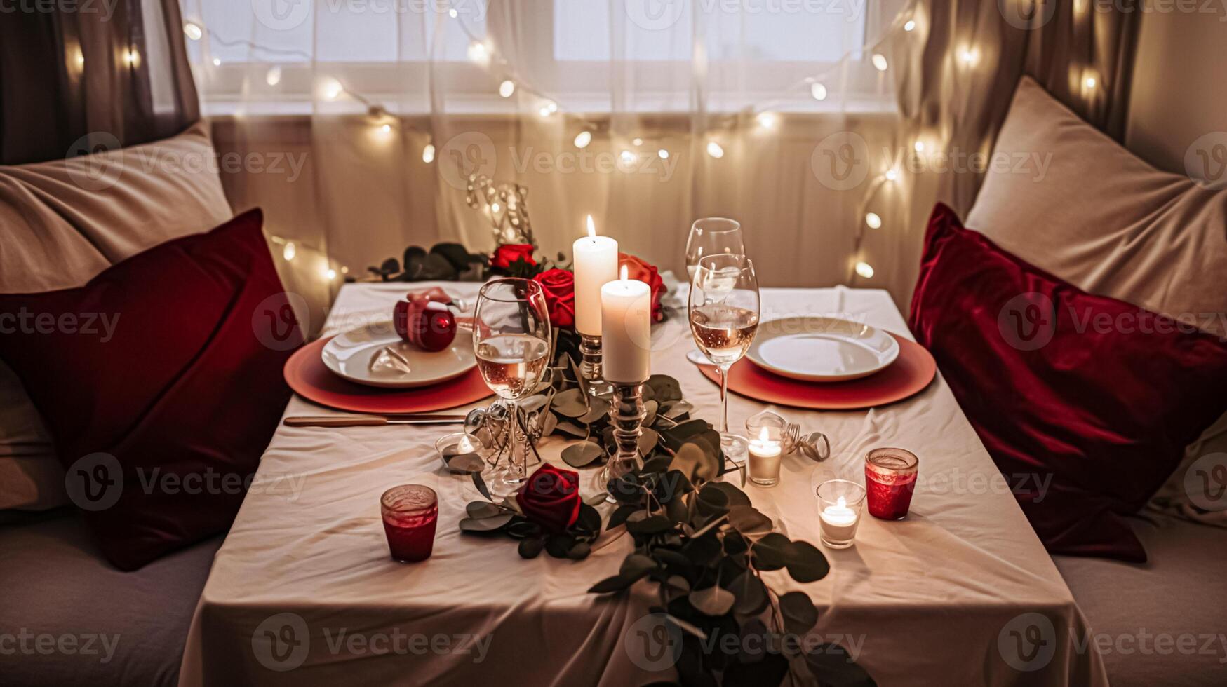 ai gerado festivo encontro noite paisagem de mesa ideia, jantar mesa configuração para dois e Natal, Novo ano, dia dos namorados dia decoração, Inglês país casa estilo foto