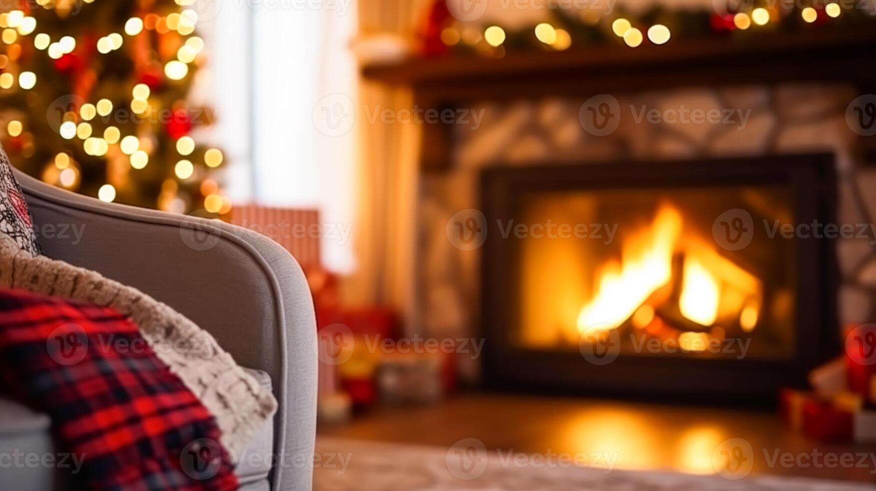 ai gerado Natal decoração, feriado Tempo e país chalé estilo, acolhedor atmosfera, decorações dentro a Inglês campo casa com Natal árvore e lareira em fundo, inverno feriados foto