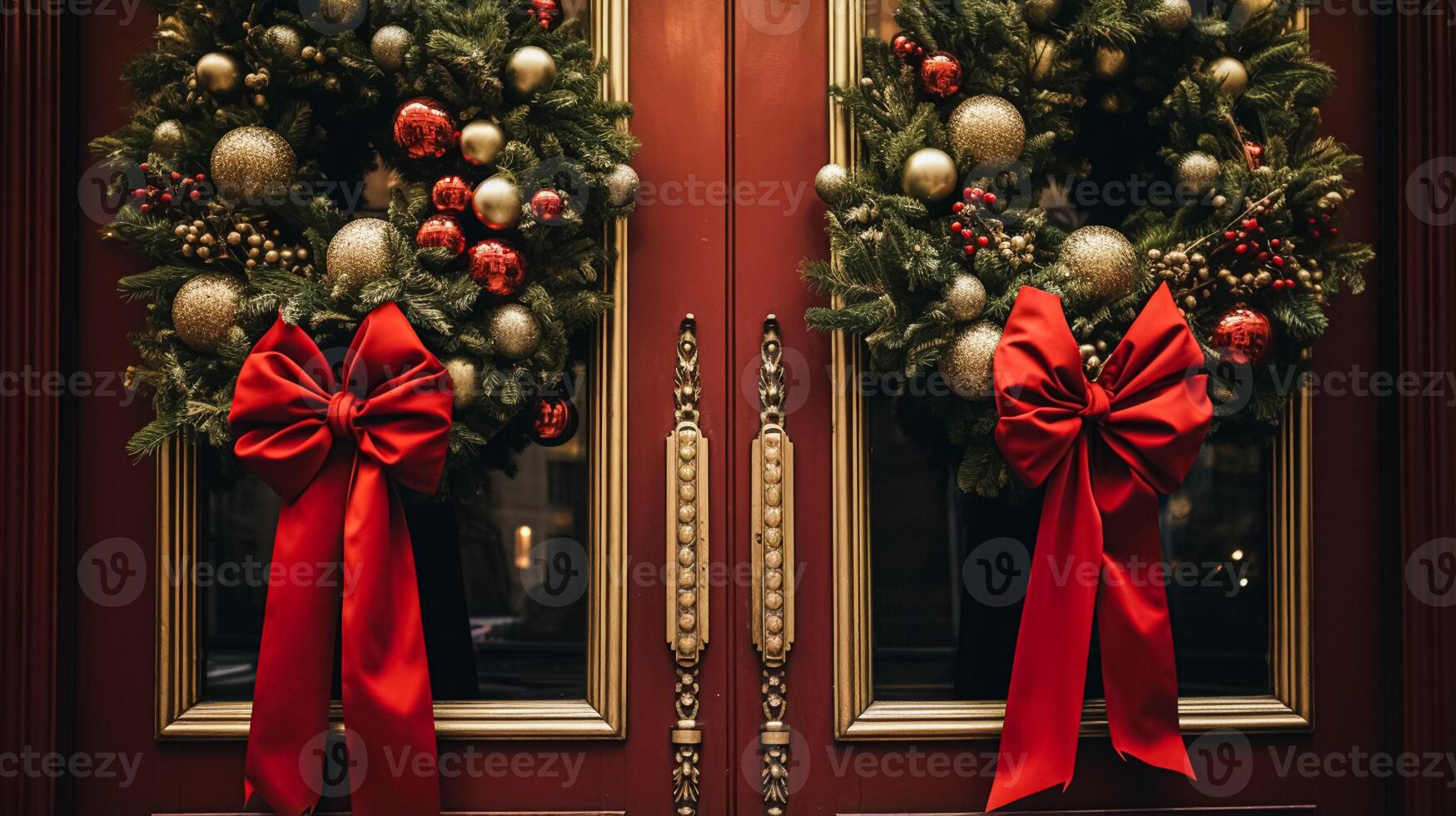 ai gerado Natal decoração detalhes em Inglês estilizado luxo Alto rua cidade loja porta ou compras janela mostrar, feriado venda e fazer compras decoração foto