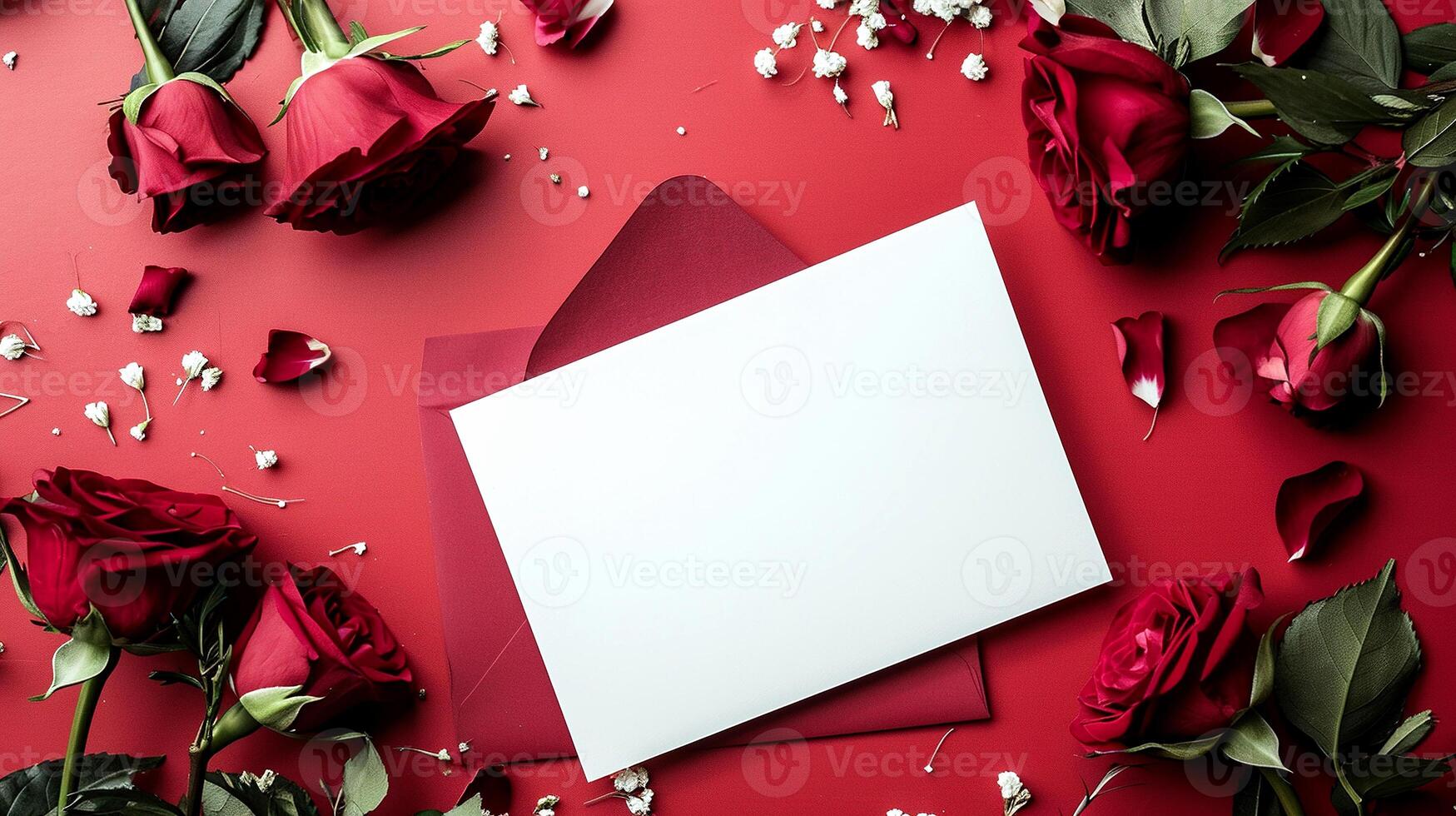 ai gerado flores composição. vermelho rosas, envelope e pétalas em vermelho fundo. plano deitar, topo visualizar, cópia de espaço. foto