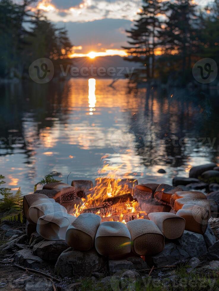 ai gerado victoria dia comemora com fogueira noite, narrativa, marshmallow assar, comunidade vínculo de a beira do lago ao ar livre. foto