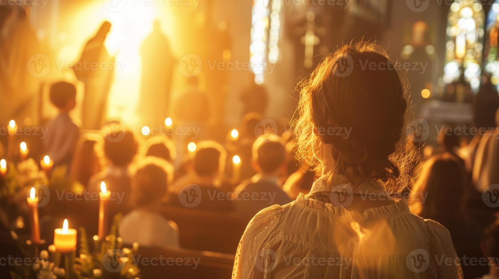 ai gerado tranquilo Páscoa serviço - suave manhã luz, Igreja velas, Primavera moda foto