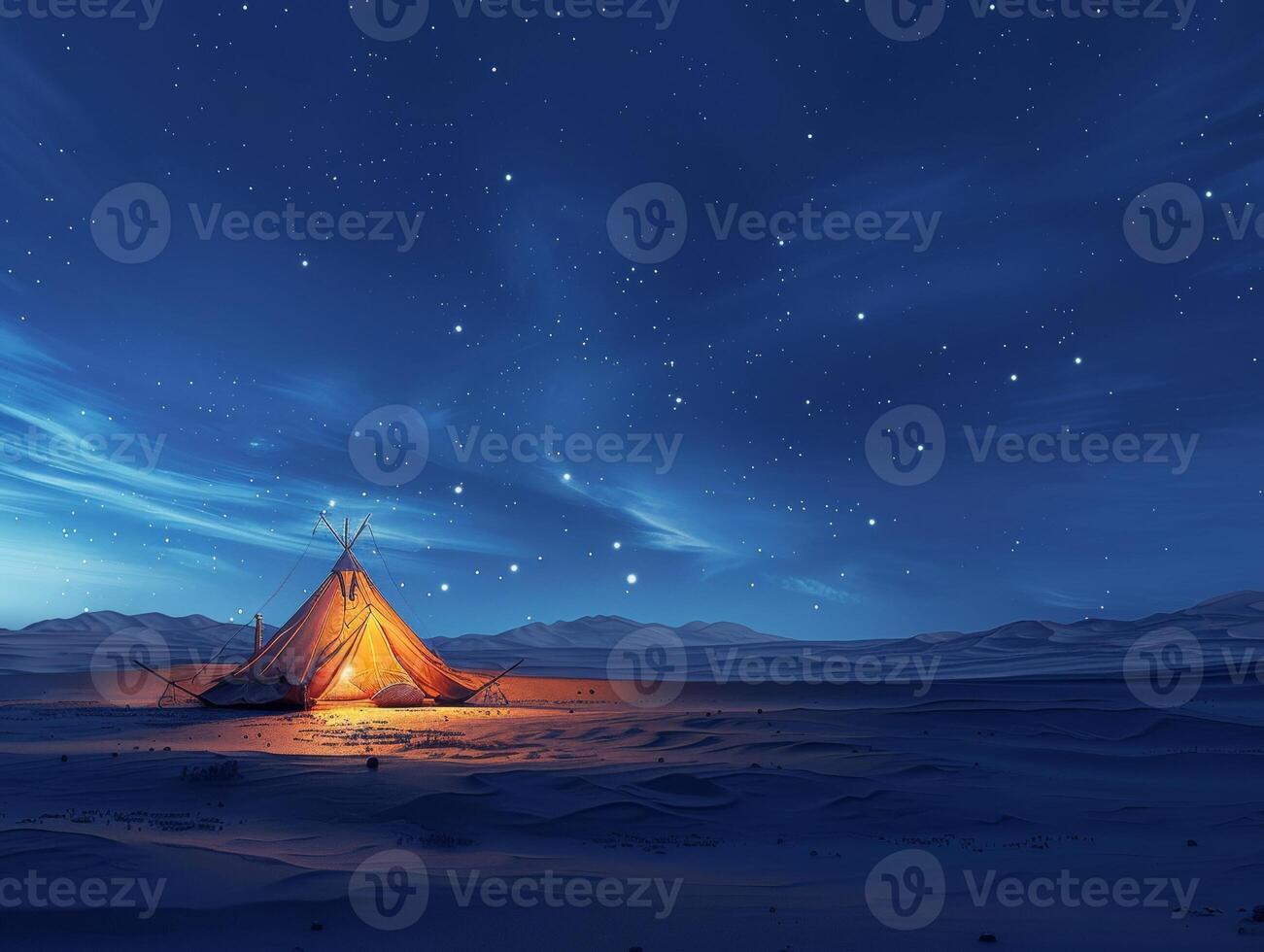 ai gerado noite céu acampamento, iluminado barraca, grande deserto debaixo estrelado céu foto