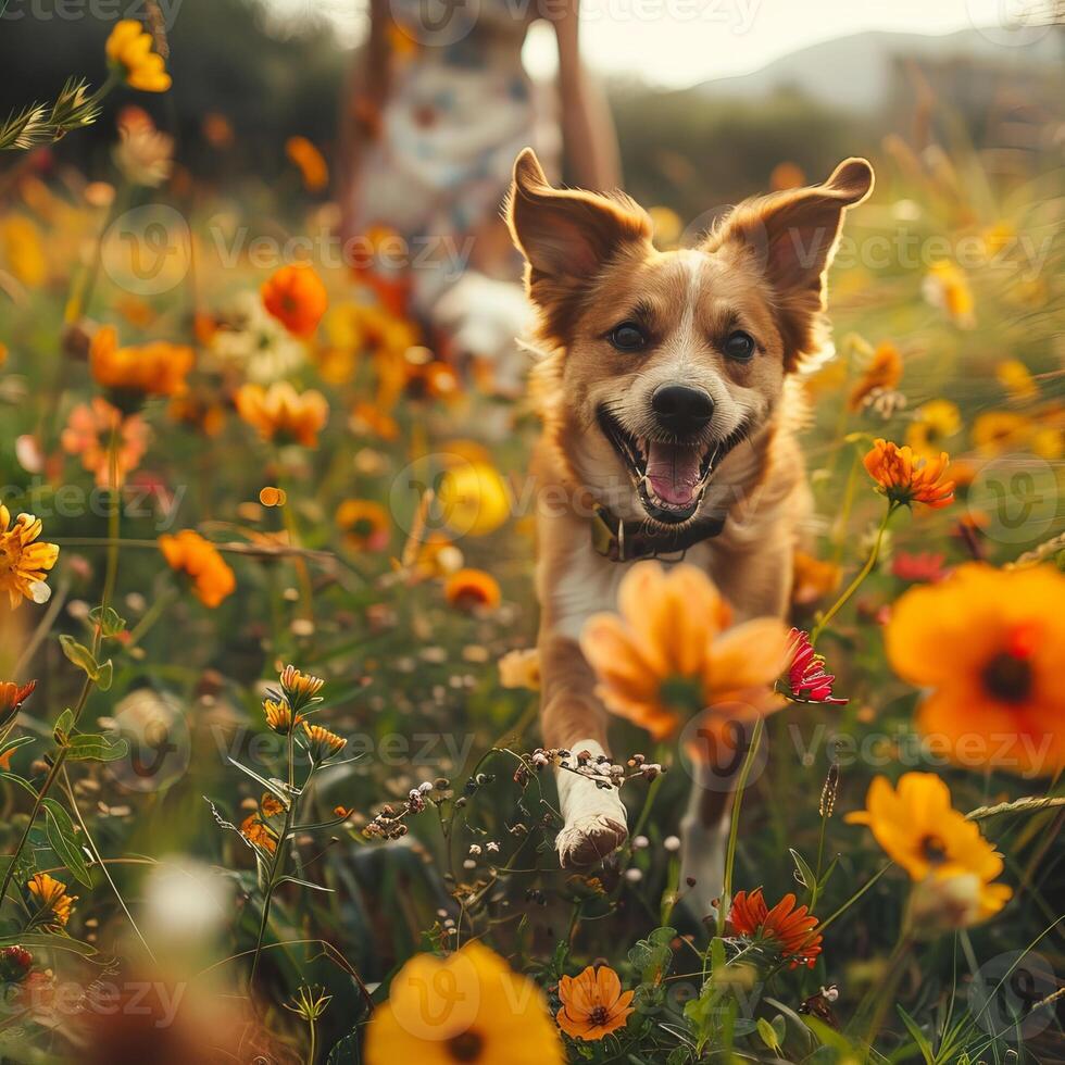 ai gerado uma feliz cachorro corre para Está proprietário em meio a florescendo flores, uma comovente reunião dentro natureza. foto