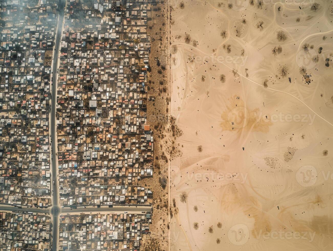 ai gerado denso urbano selva Visão a partir de acima vs escasso aberto deserto paisagem, contrastante humano habitação e natureza foto