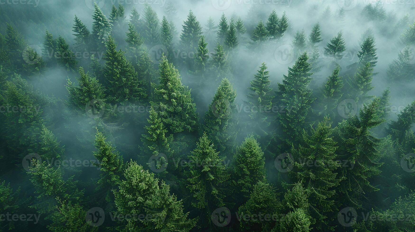 ai gerado floresta dentro a névoa, topo visualizar. fundo. criada com generativo ai foto