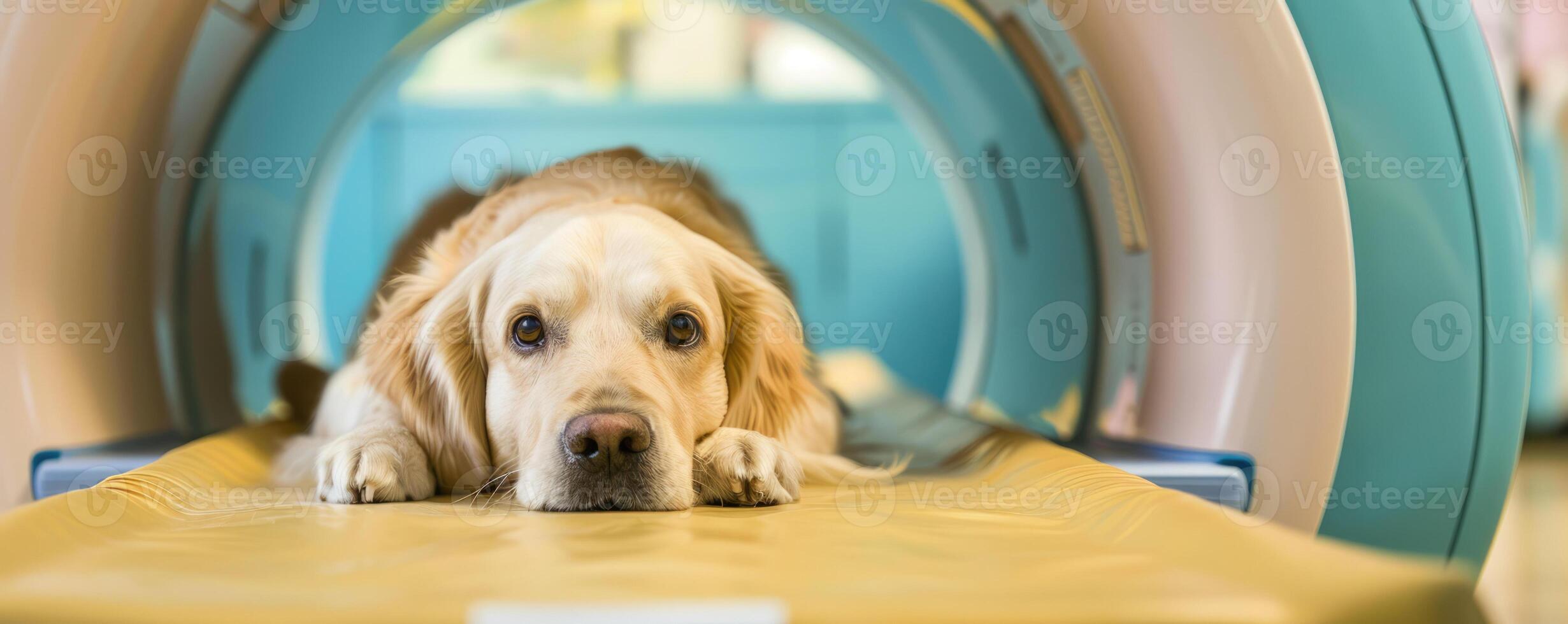 ai gerado generativo ai, cachorro em mesa em veterinario clínica às ressonância magnética, exame dentro veterinário cirurgia hospital foto