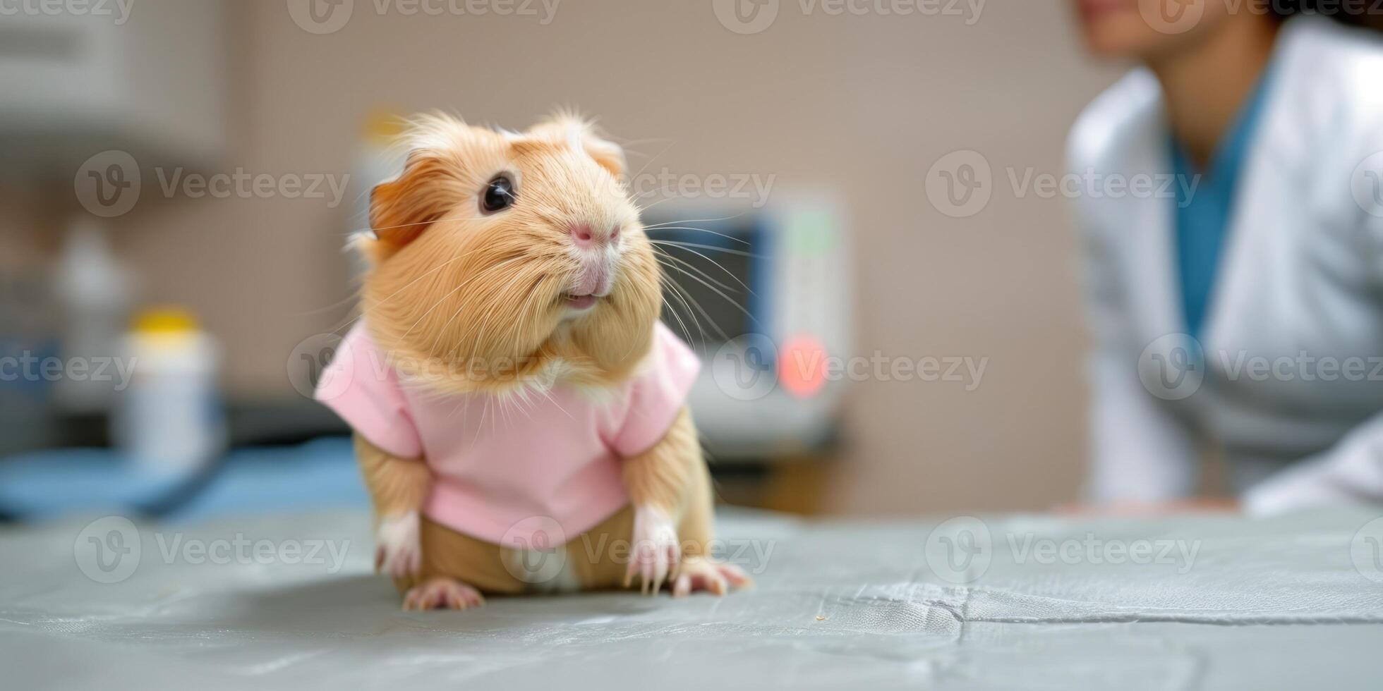 ai gerado generativo ai, fofa pequeno Guiné porco em a mesa ser examinado de profissional veterinário dentro veterinario clínica foto