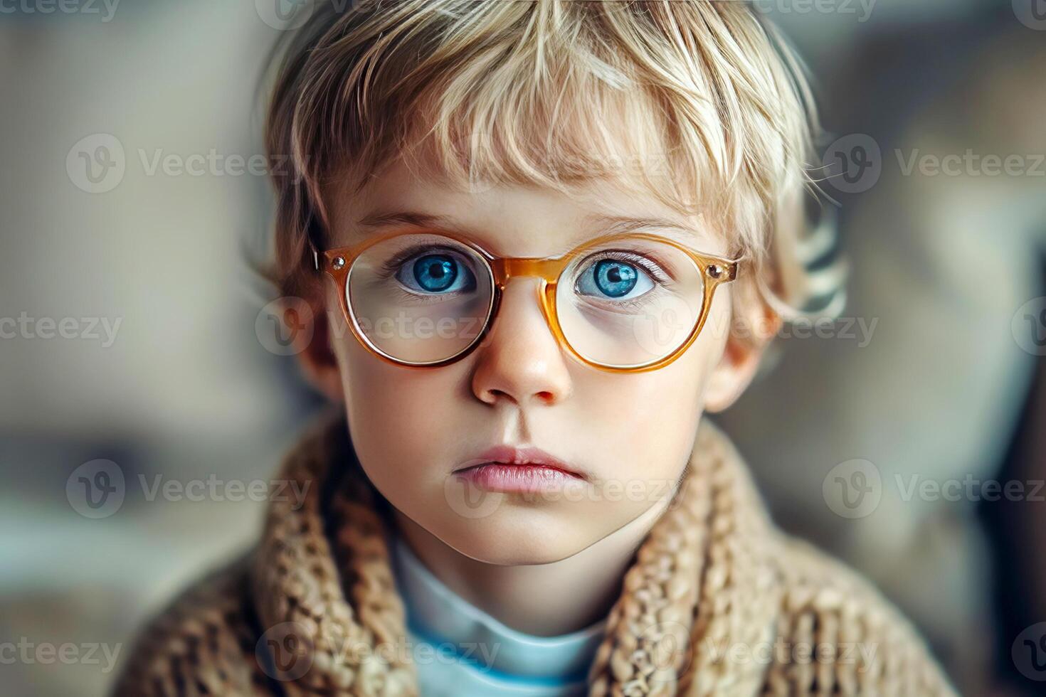 ai gerado fechar-se retrato do uma pequeno inteligente sério Garoto vestindo óculos. ai gerado. foto