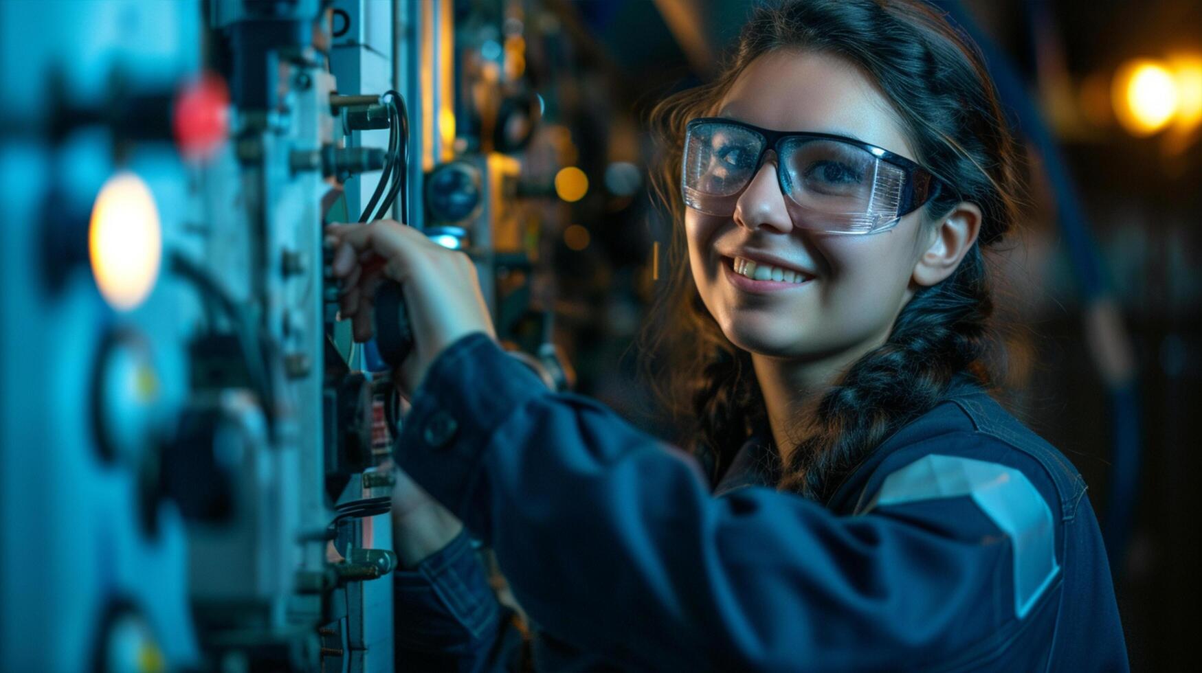 ai gerado sorridente fêmea trabalhador dentro moderno industrial meio Ambiente trabalhando foto