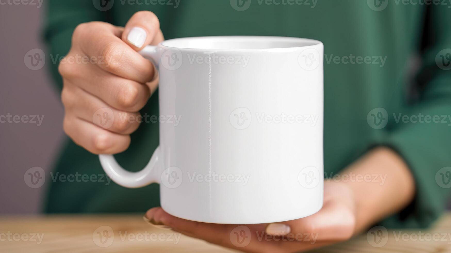 ai gerado uma fêmea mão segurando branco caneca foto