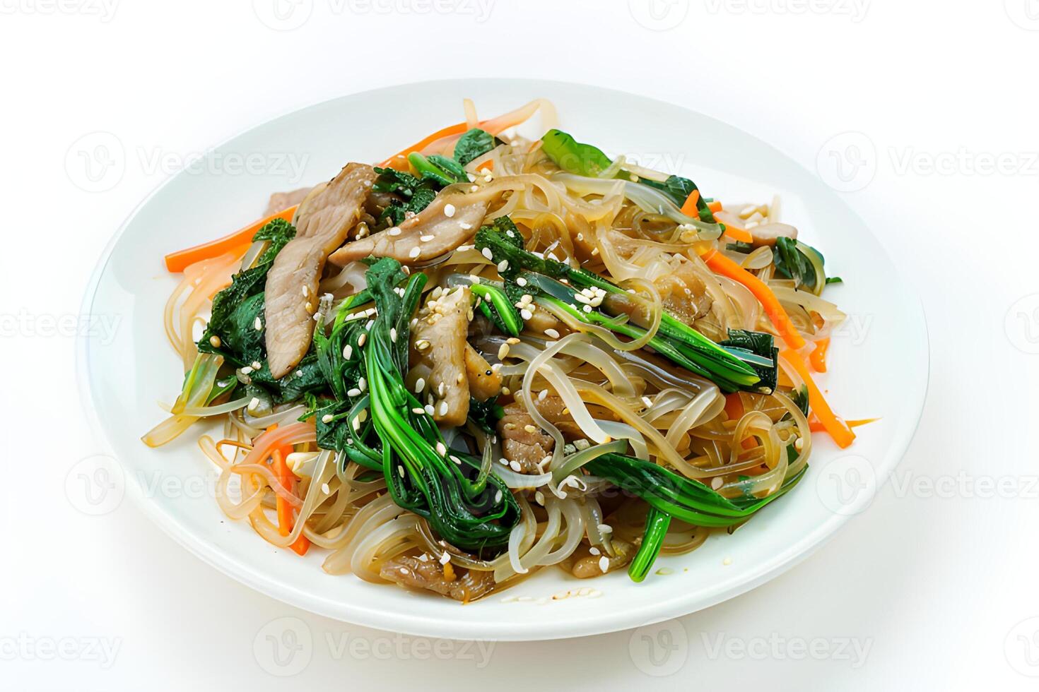 ai gerado Japchae servido em uma prato isolado em branco fundo foto