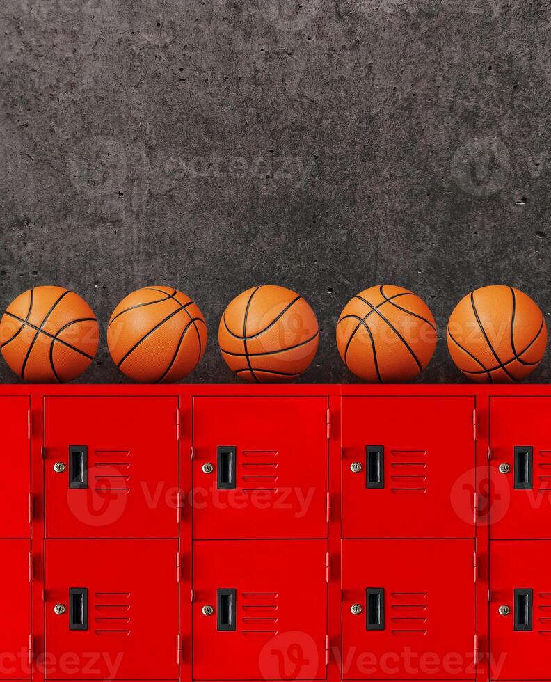 uma basquetebol em uma vermelho gabinete com a velho cimento fundo. foto