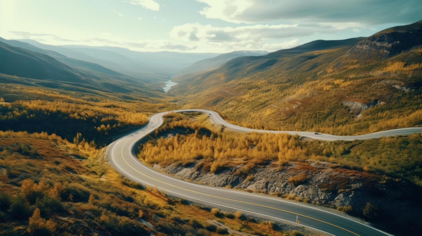 ai gerado aéreo Visão do enrolamento estrada dentro montanha panorama foto