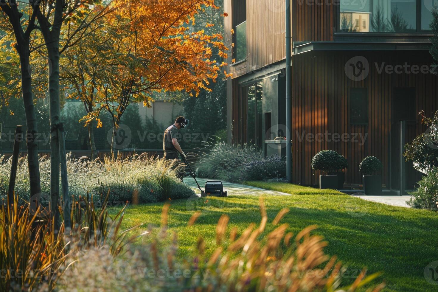 ai gerado jardim do uma residencial casa com lindo panorama Projeto. paisagista vestindo protetora fones de ouvido levando Cuidado do a gramado Projeto aparência. foto