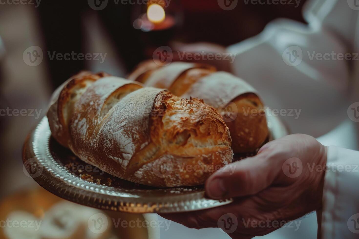 ai gerado em Domingo, a Eucaristia, piedosos comunhão, envolve uma mão segurando pão e vinho. foto