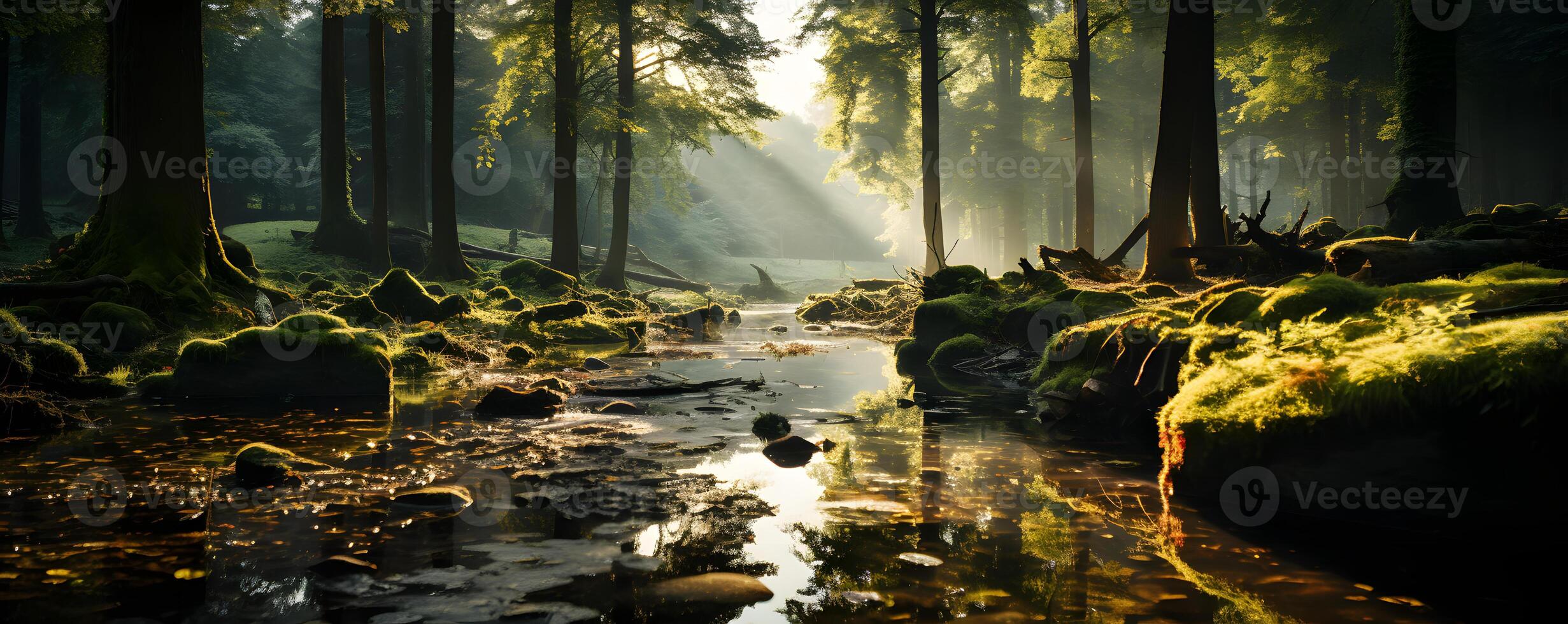 ai gerado uma tranquilo rio dentro a meio do a floresta com penetrante luz solar. generativo ai foto