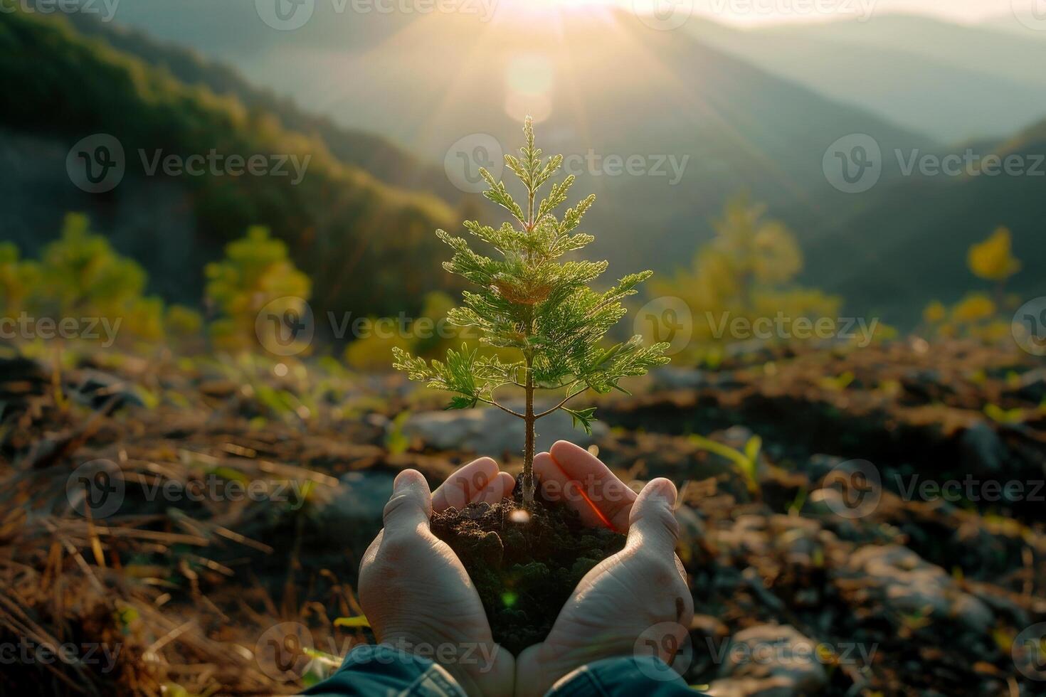 ai gerado mão crianças segurando plantar com luz solar em verde natureza fundo. conceito eco terra dia, generativo ai foto