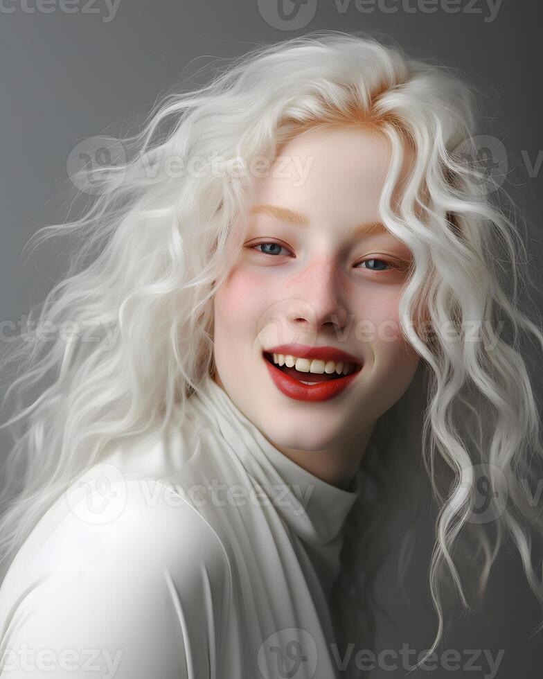 ai gerado jovem e lindo albino mulher em uma cinzento fundo. fêmea com prata cabelo. generativo ai foto