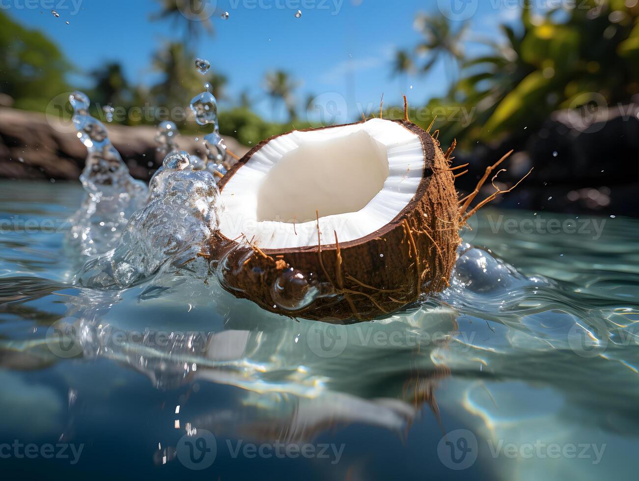 ai gerado rachado coco cai a partir de árvore para dentro a mar com uma respingo do água. generativo ai foto