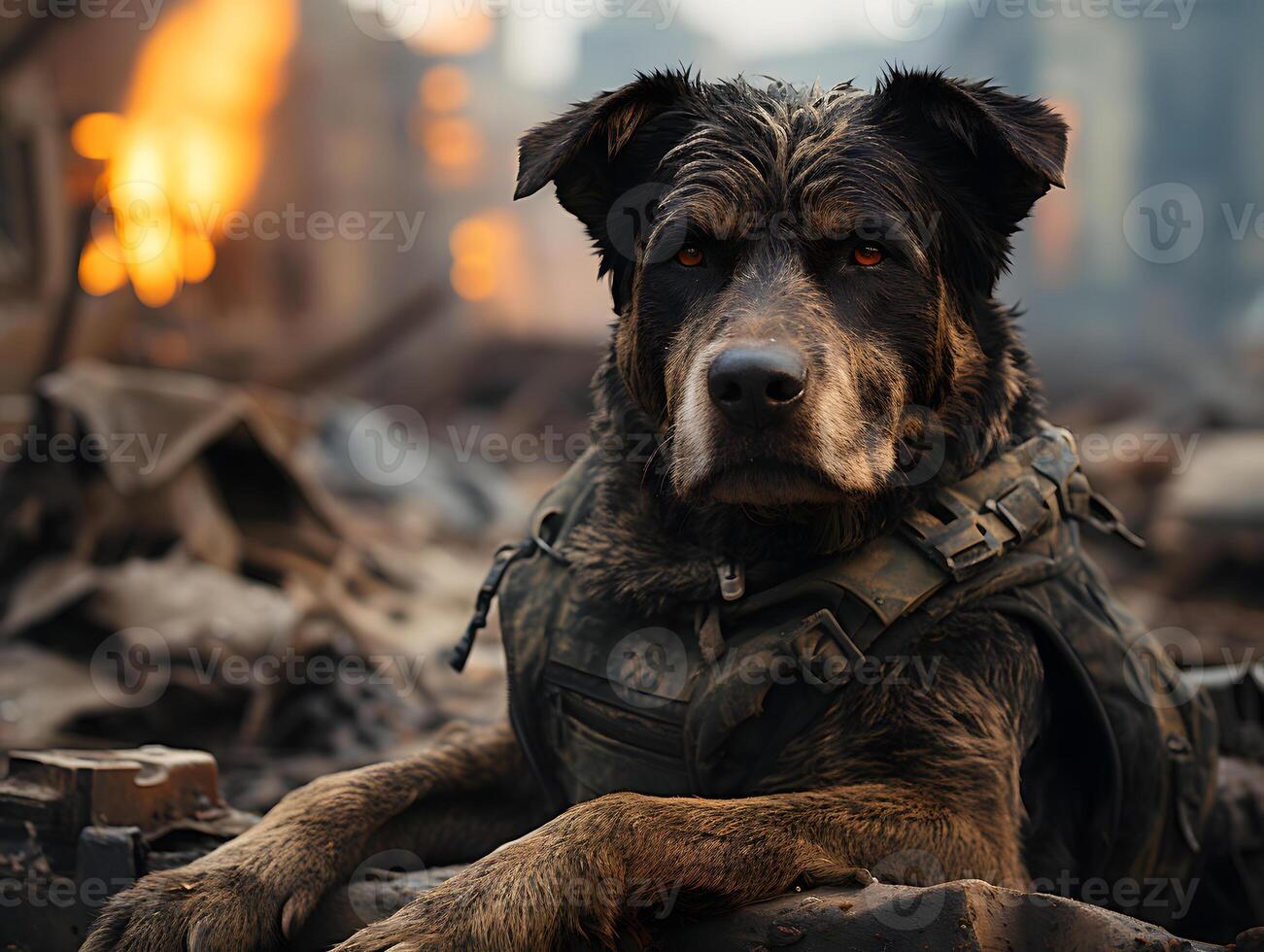 ai gerado uma cachorro sentado dentro a meio do uma arruinado e abandonado cidade. generativo ai foto