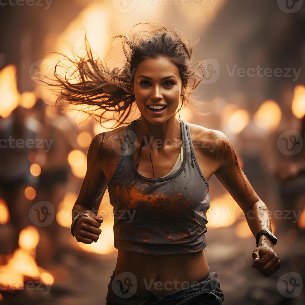 ai gerado uma fêmea atleta corre em uma rastrear com enérgico luz efeitos atrás. mulheres dentro maratona. generativo ai foto