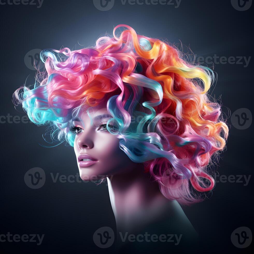 ai gerado uma mulher com lindo colorida ondulado cabelo. generativo ai foto