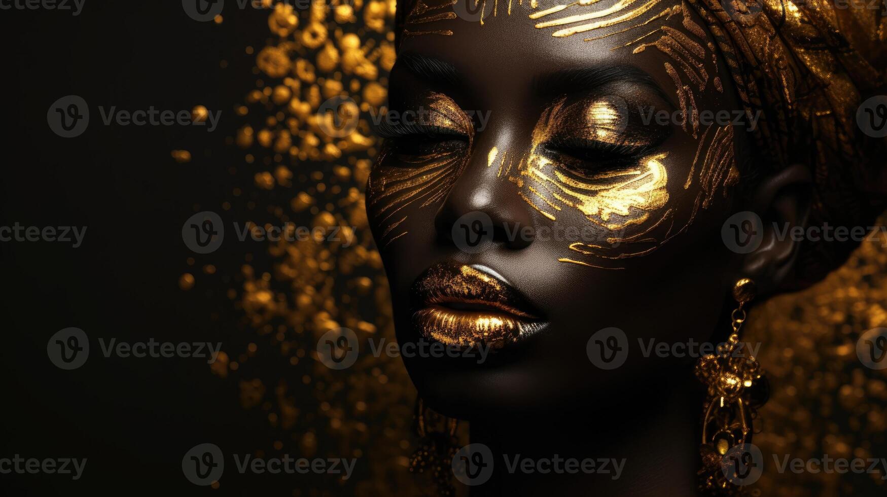 ai gerado lindo africano modelo com dourado Maquiagem foto