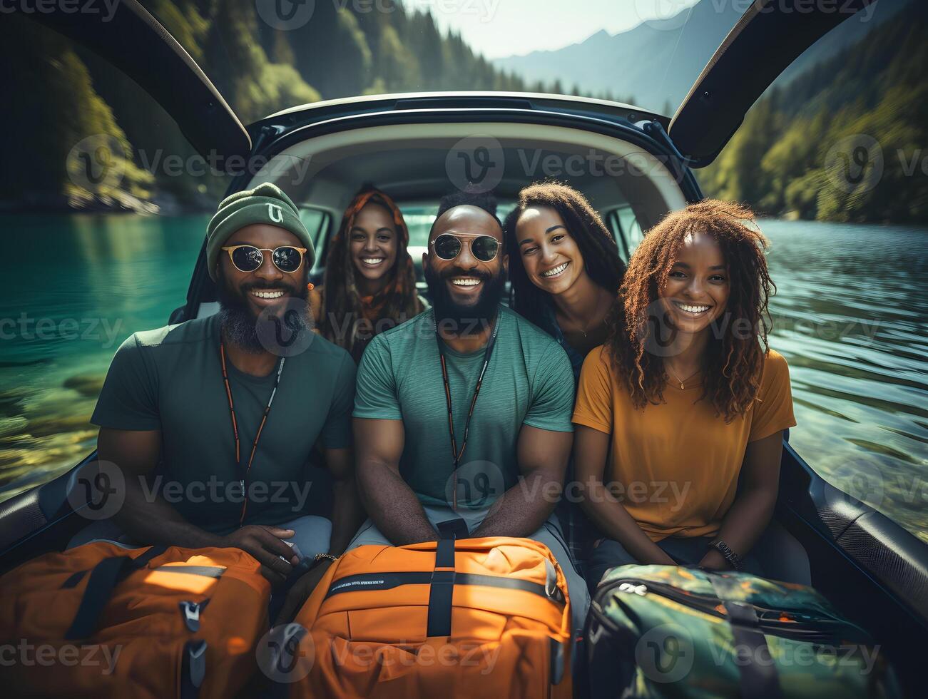 ai gerado grupo do feliz africano amigos viajando de carro. generativo ai foto