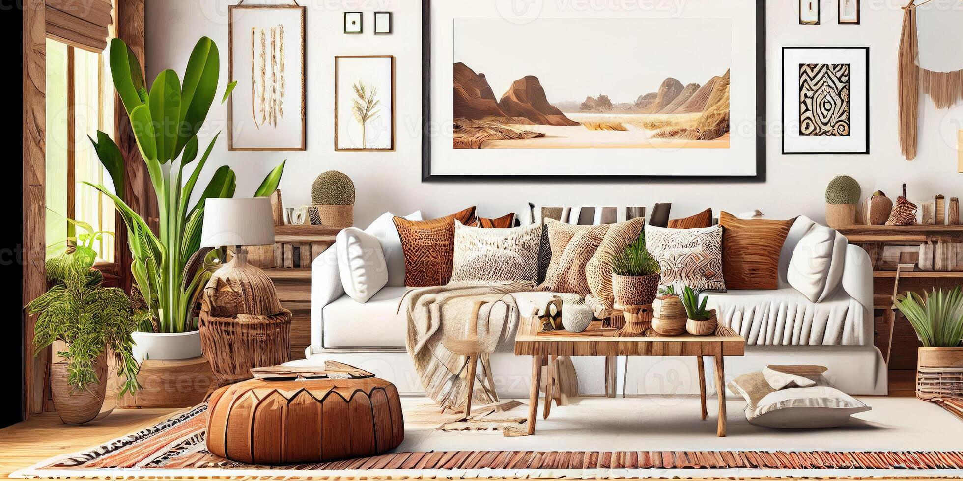 à moda escandinavo vivo quarto com Projeto hortelã sofá, móveis, zombar acima poster mapa, plantas e elegante pessoal acessórios. moderno casa decoração. brilhante e ensolarado sala. generativo ai ilustração. foto