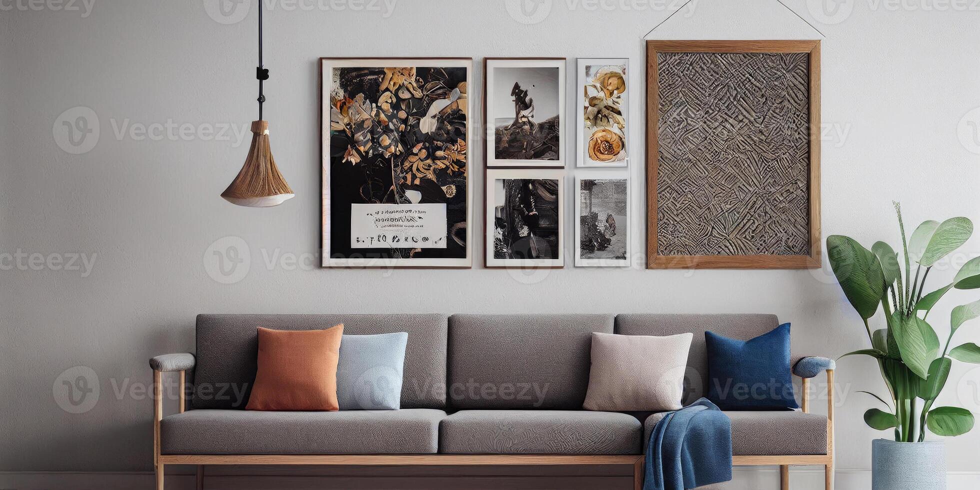 à moda escandinavo vivo quarto com Projeto hortelã sofá, móveis, zombar acima poster mapa, plantas e elegante pessoal acessórios. moderno casa decoração. brilhante e ensolarado sala. generativo ai ilustração. foto