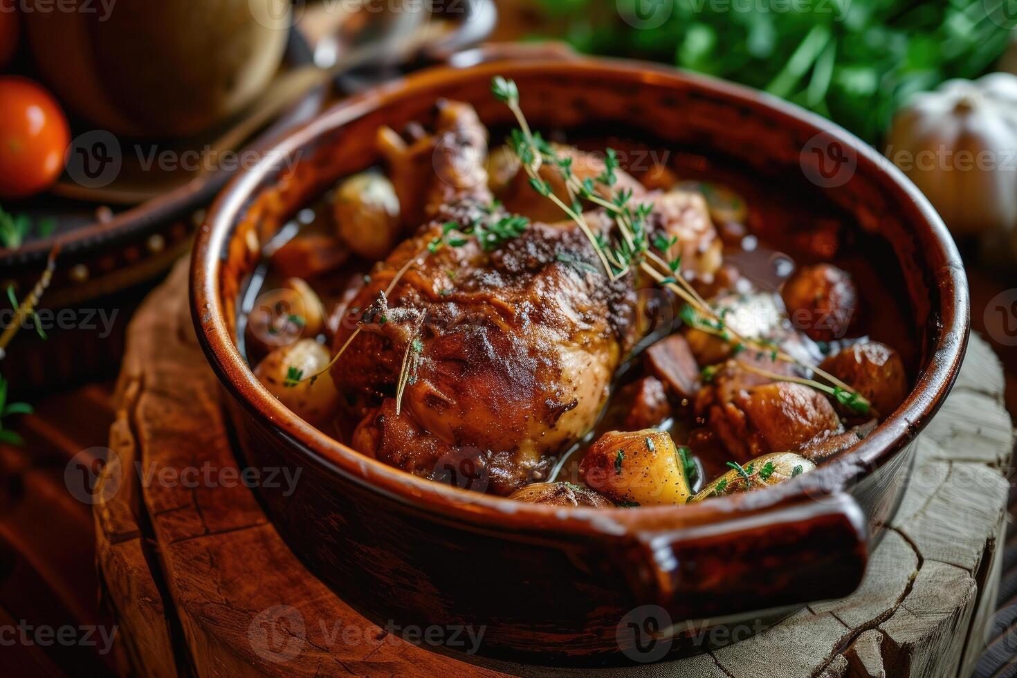 ai gerado saciar dentro francês tradição, coq au vin - uma culinária obra-prima foto