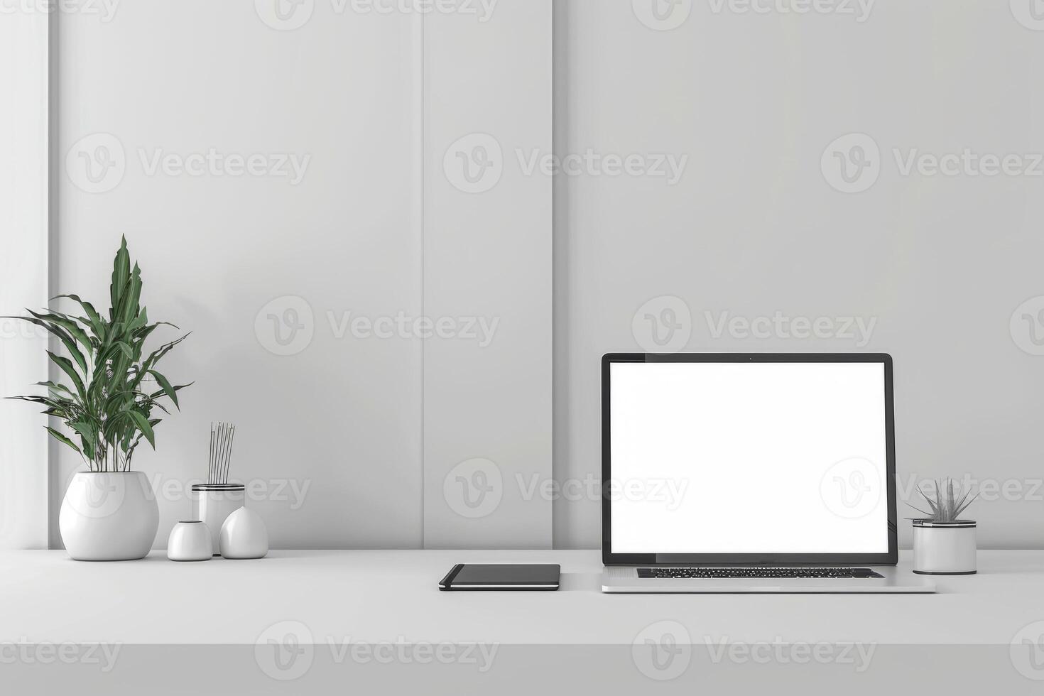 ai gerado limpar \ limpo e organizado área de trabalho com uma computador portátil. minimalista estilo. generativo ai foto