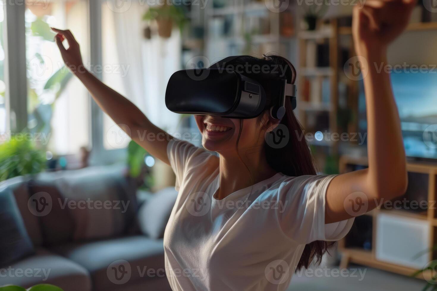 ai gerado alegre mulher dentro virtual realidade óculos dançando quando jogando vídeo jogos às lar. generativo ai foto