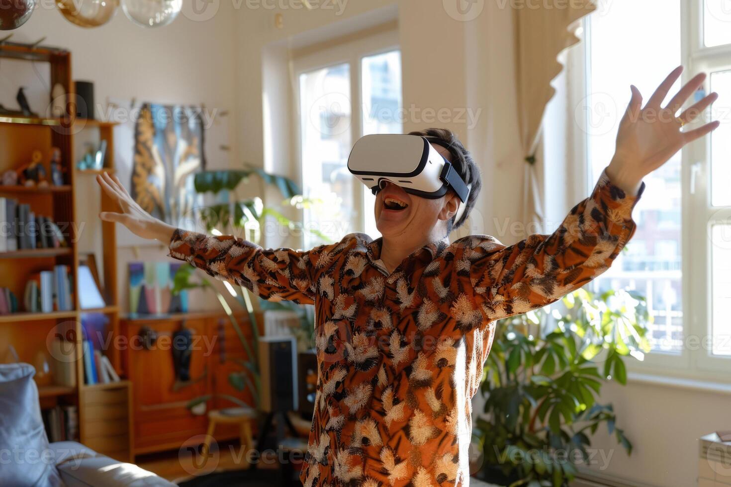 ai gerado alegre homem dentro virtual realidade óculos dançando quando jogando vídeo jogos às lar. generativo ai foto