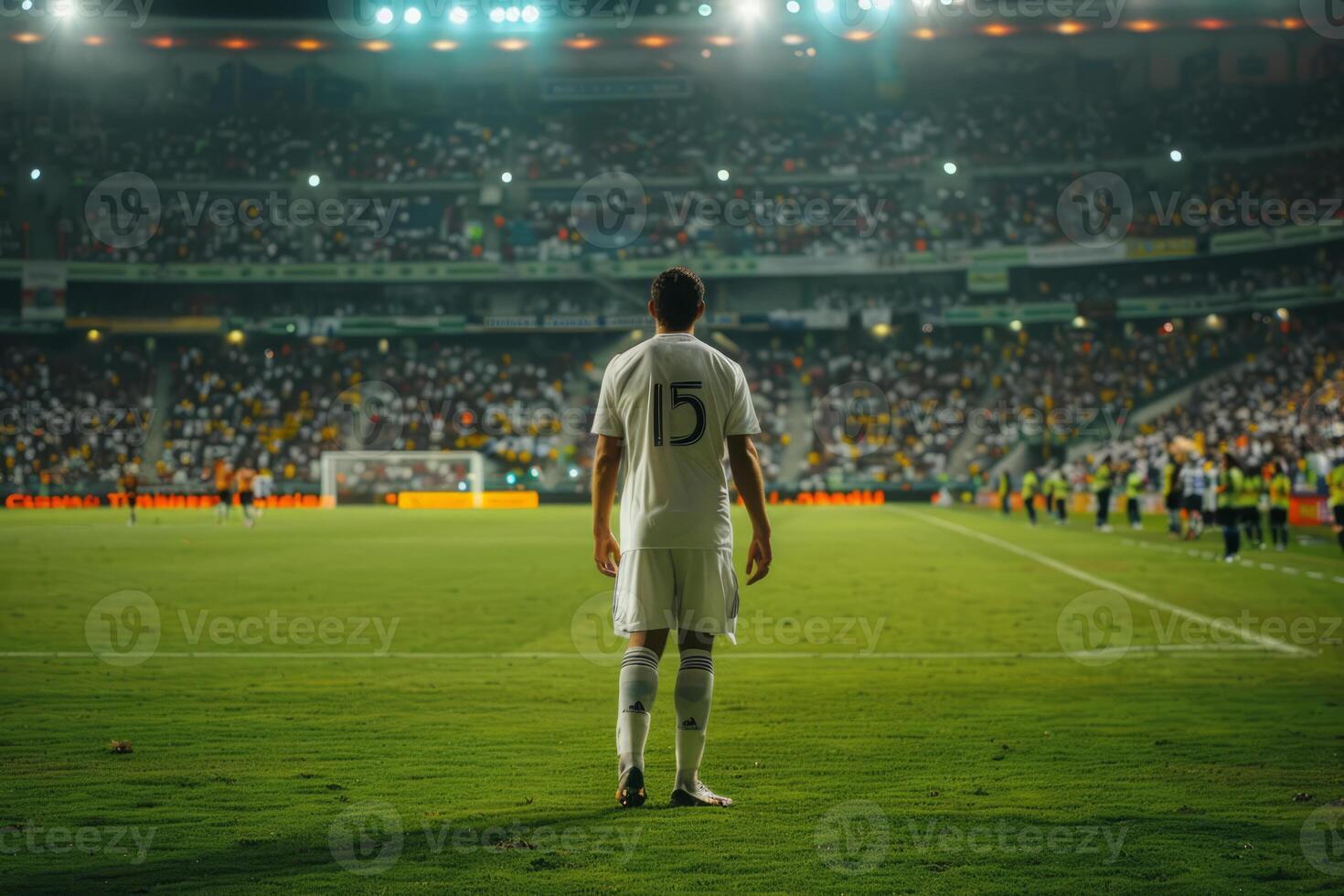 ai gerado costas Visão do profissional futebol jogador em campo do estádio. generativo ai foto