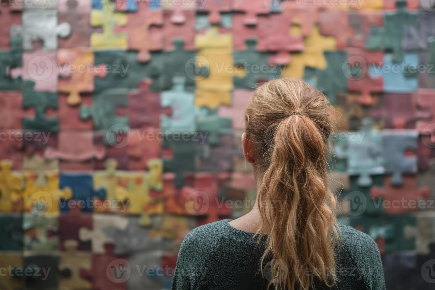 ai gerado costas Visão do mulher assistindo em grande enigma em muro. generativo ai foto