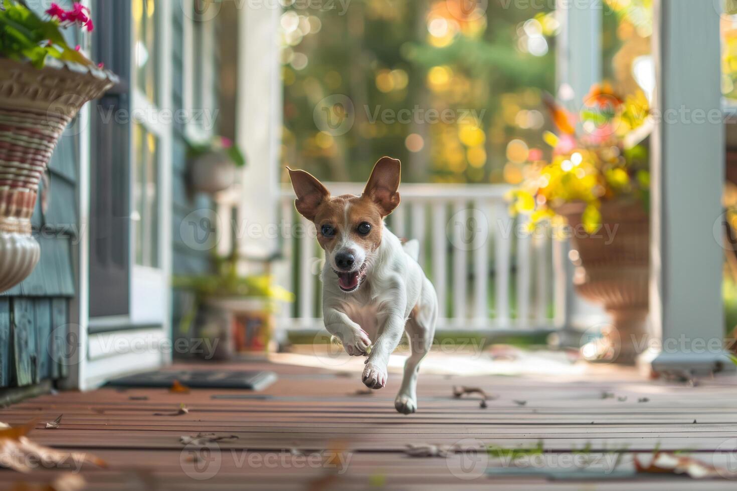 ai gerado cachorro corrida em uma ensolarado frente varanda. generativo ai foto